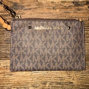 Michael Kors Wristlet Card Case Coin Purse Brown MK Logo Zip Small Wallet‎